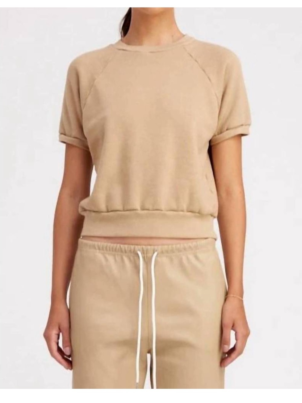SPRWMN Raglan Tan Cropped Short Sleeve Sweatshirt size Small - Picture 1 of 9